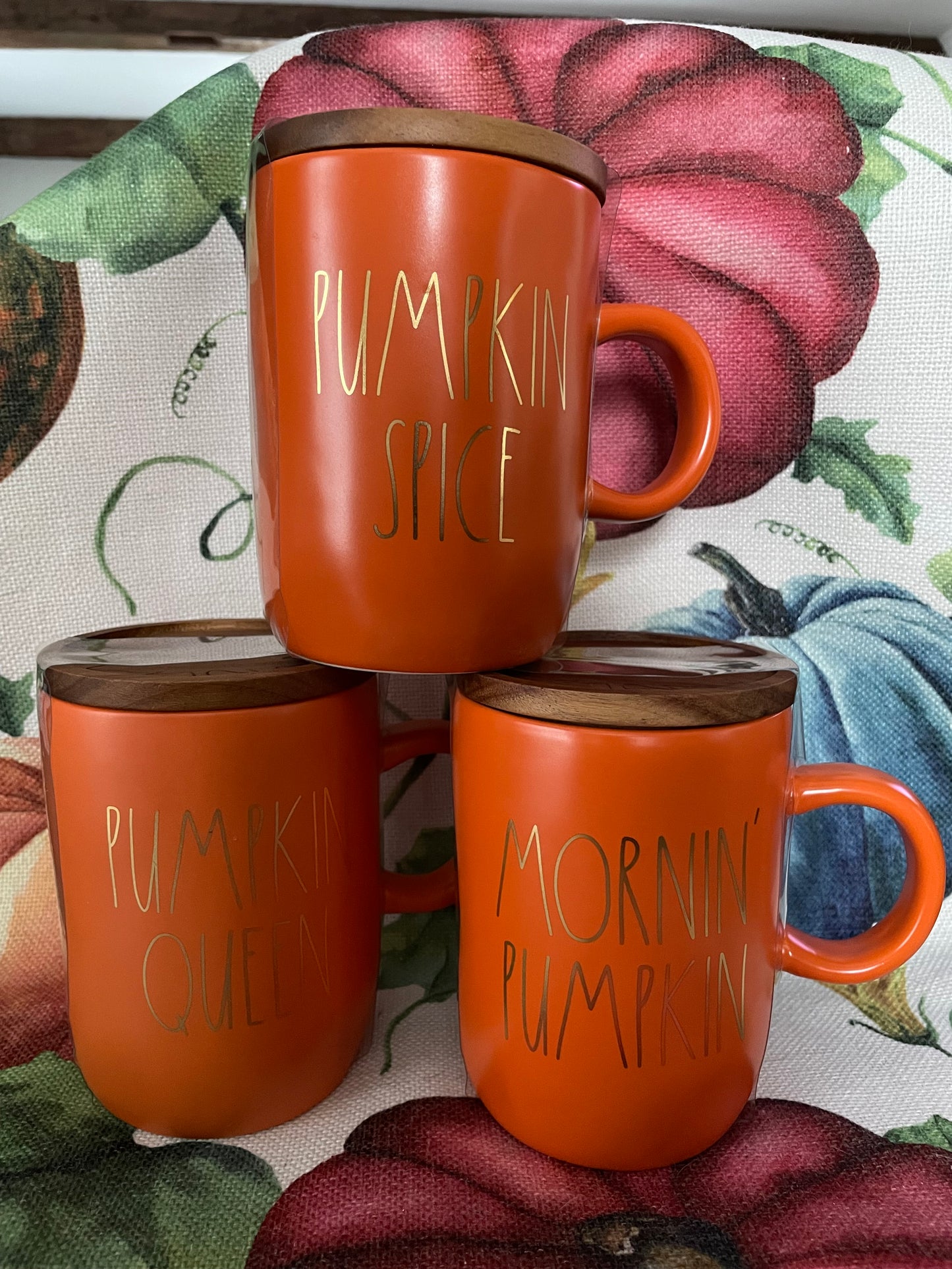 Rae Dunn Morning Pumpkin Mug with wood coaster