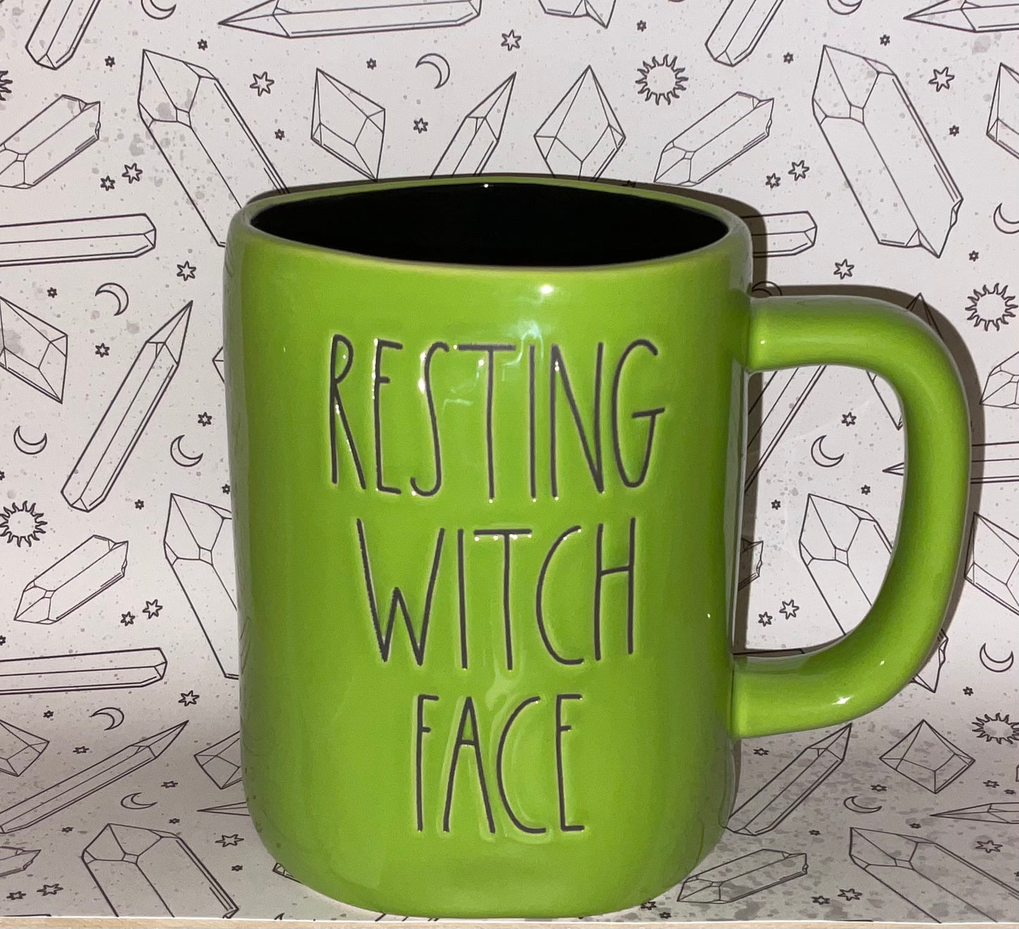 Rae Dunn Resting Witch Face Green with Black Lettering
