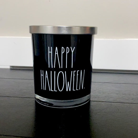 Rae Dunn Happy Halloween Black Glass with White Lettering and Metal Lid