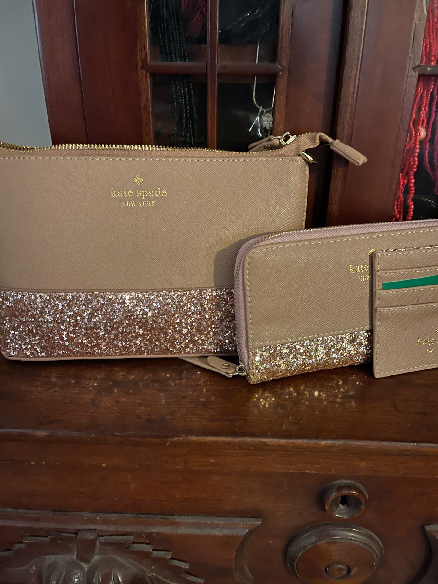 Kate Spade Beige Glitter Cross-body, Wallet and Card Holder Set