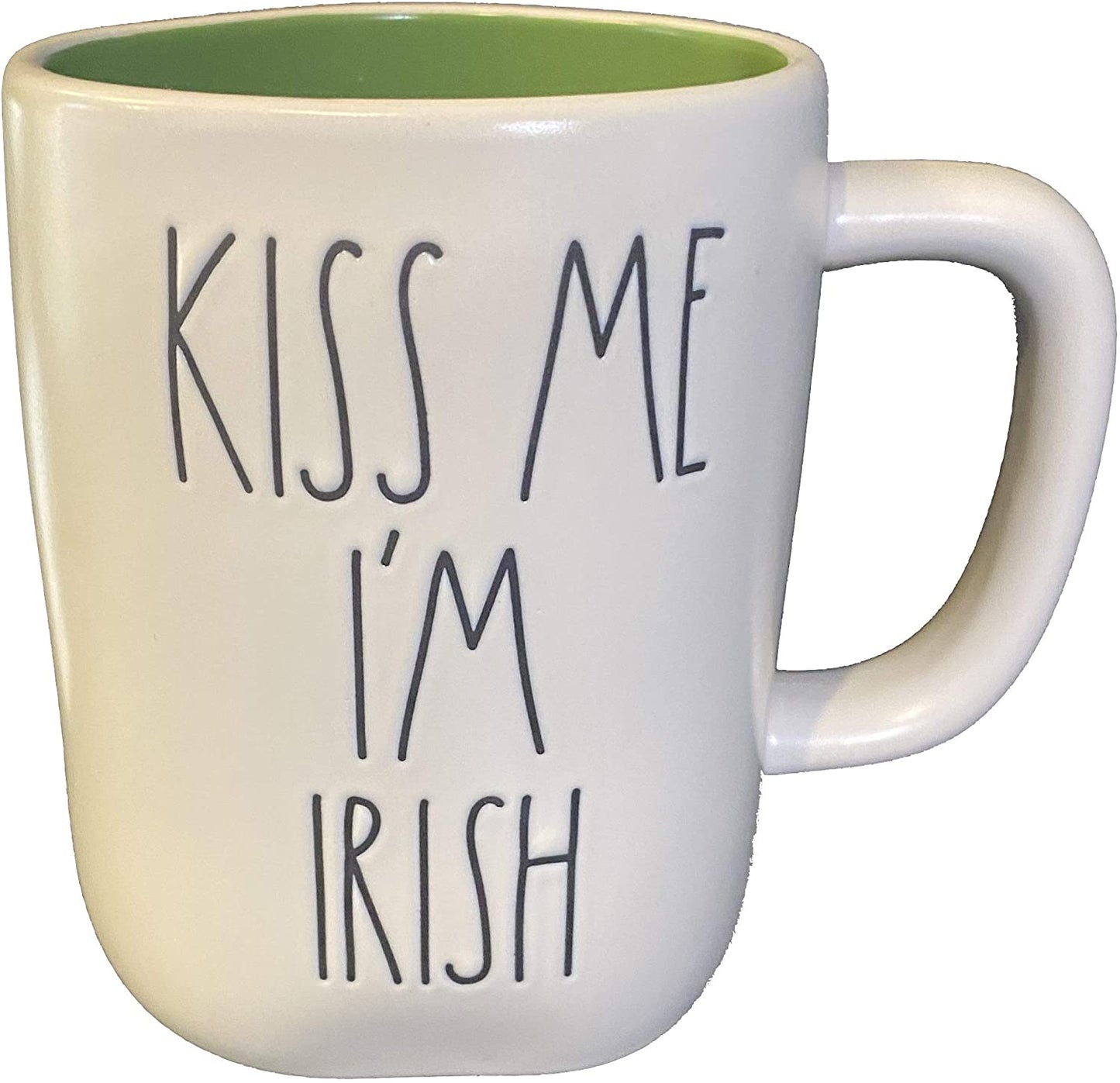 Rae Dunn Kiss Me I’M Irish White with Black lettering Green Inside Cup and Green handle