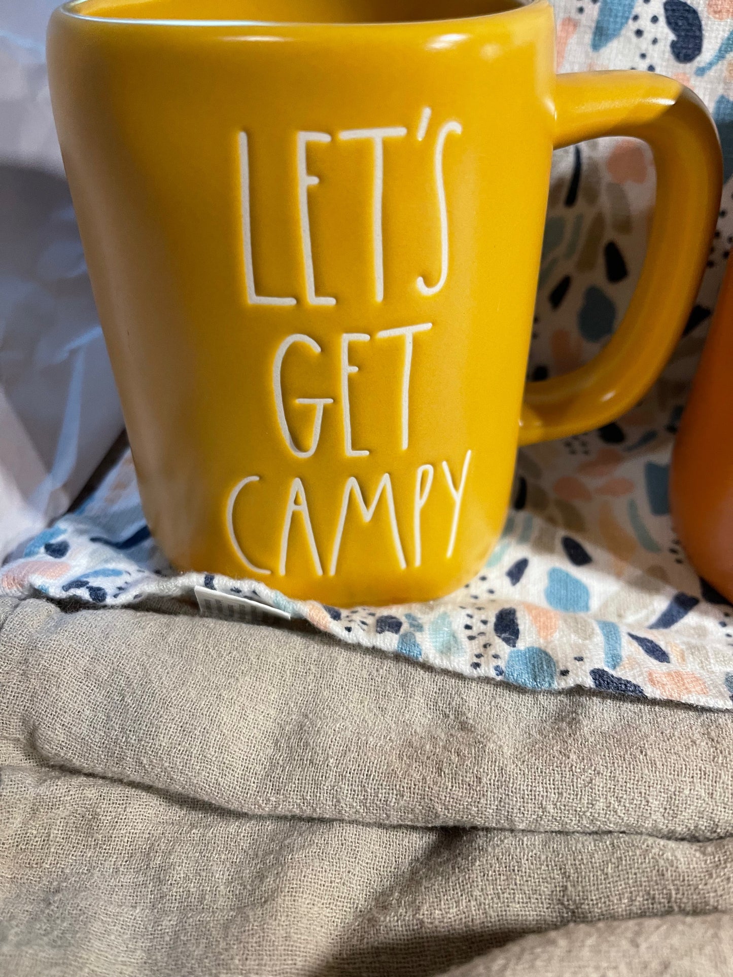 Rae Dunn Let's Get Campy Yellow with White Lettering