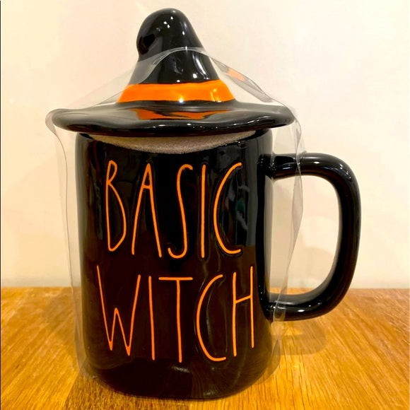 Rae Dunn Black Basic Witch Mug with Hat Topper and Orange Lettering