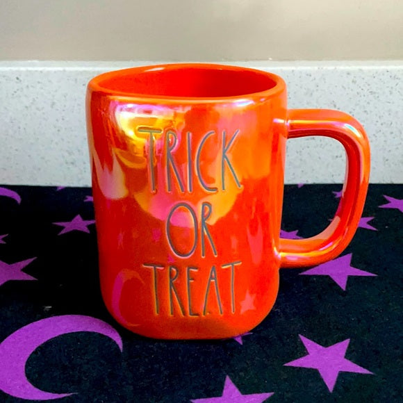 Rae Dunn Trick or Treat Orange Iridescent Mug with Black Lettering