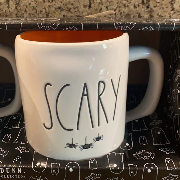 Rae Dunn Creepy and Scary Mug Set with hanging spiders under title