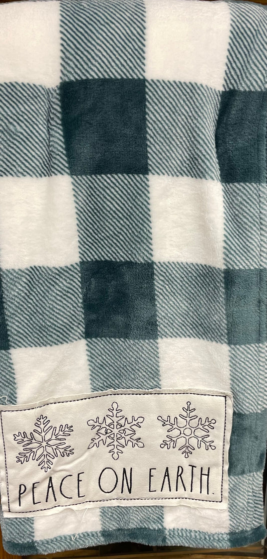 Rae Dunn Peace on Earth green/white plaid throw