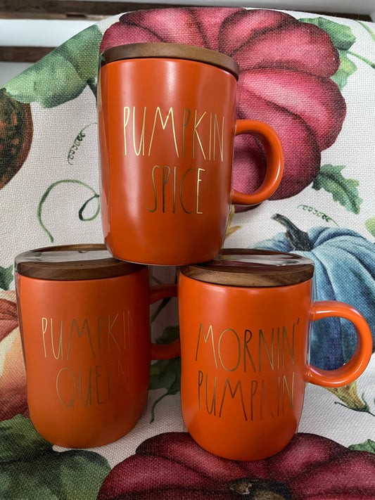 Rae Dunn Morning Pumpkin Mug with wood coaster