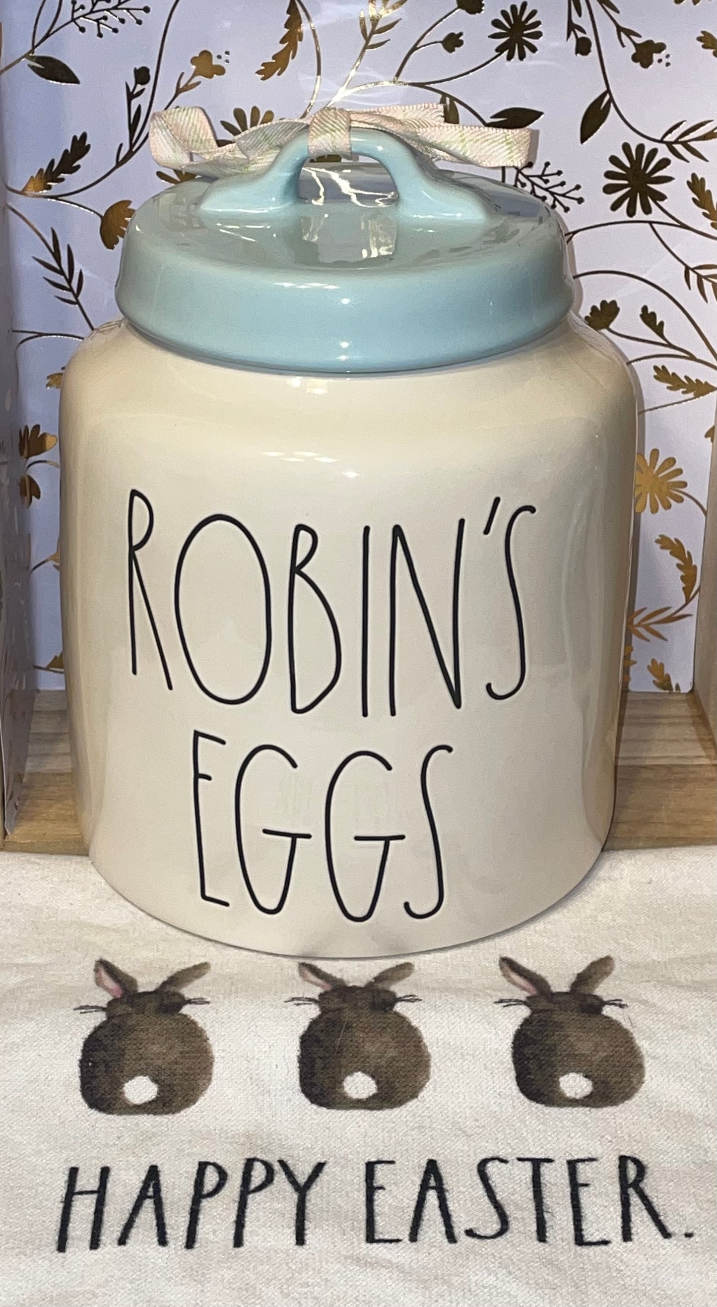 Rae Dunn Robin's Eggs White Canister with Blue Lid and Black Lettering