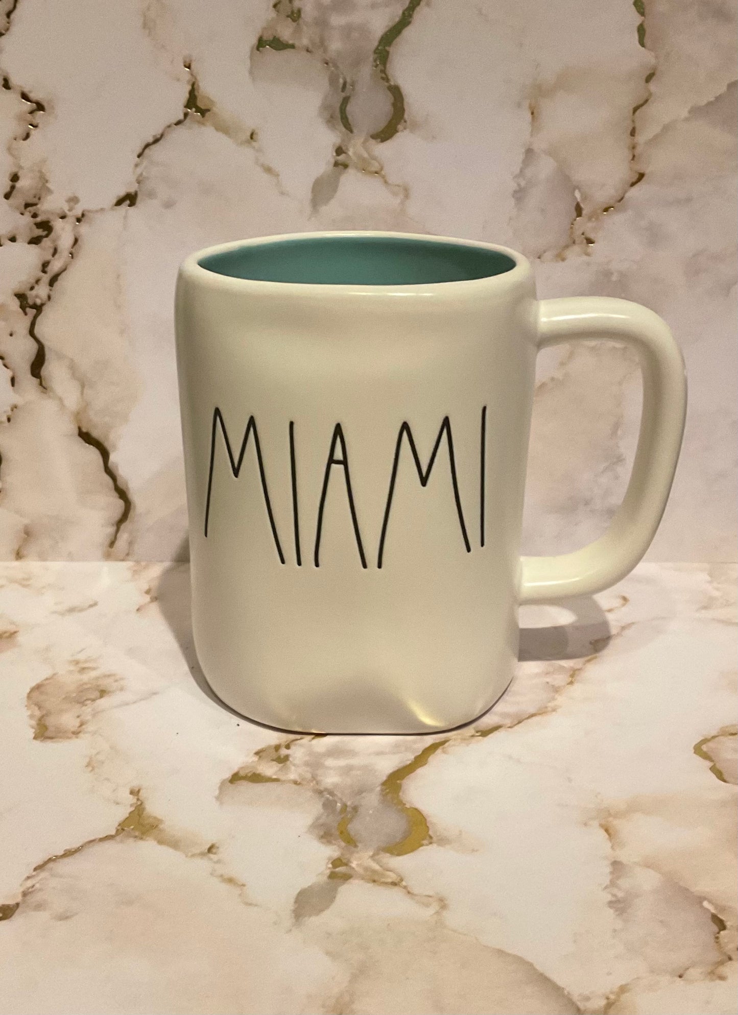 Rae Dunn Miami White with Blue Inside and Palm Tree Image on Back