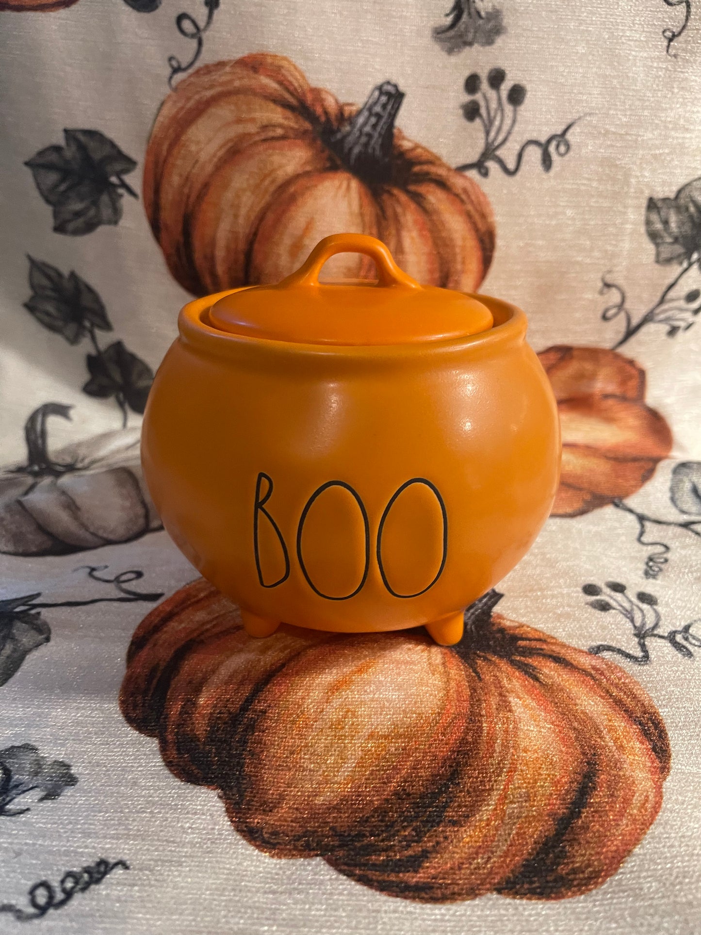 Rae Dunn Boo Cauldron Orange with Black  Lettering 