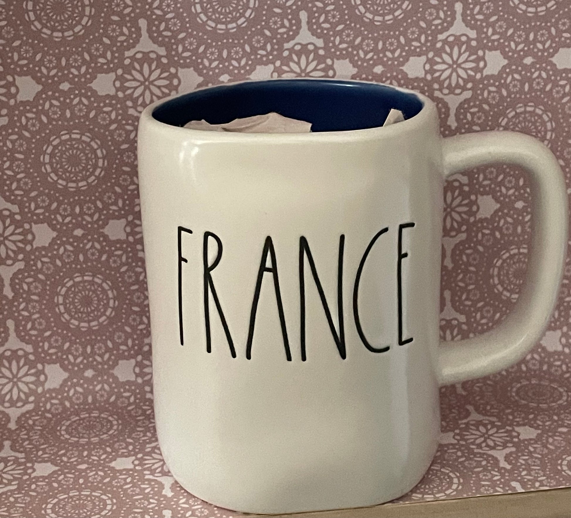 Rae Dunn France Mug White with Blue inside and Eiffel Tower on back