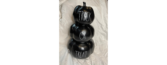 Rae Dunn Trick or Treat Pumpkins Black with White Lettering 3 Pumpkins Stacked 