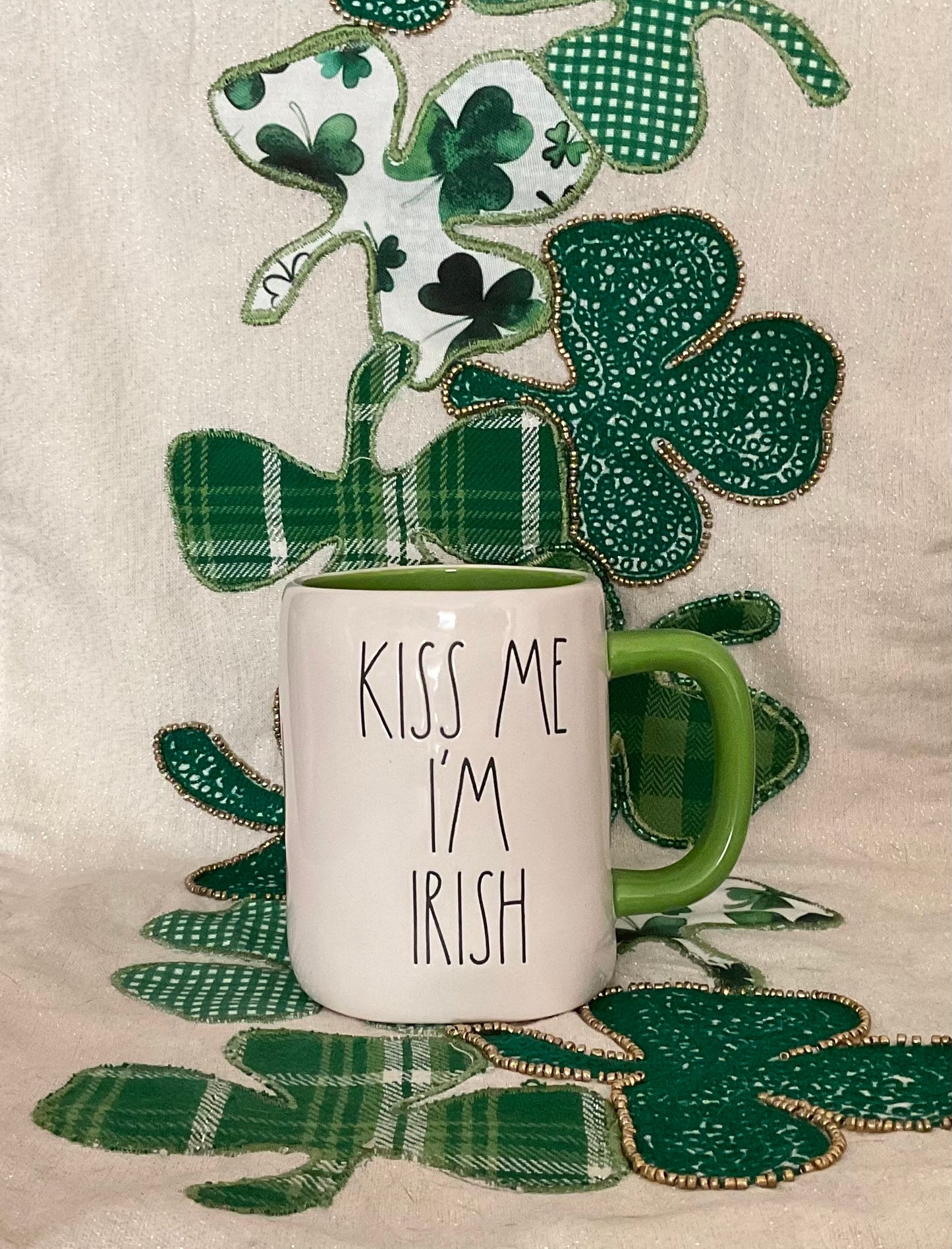 Rae Dunn Kiss Me I’M Irish White with Black lettering Green Inside Cup and Green handle