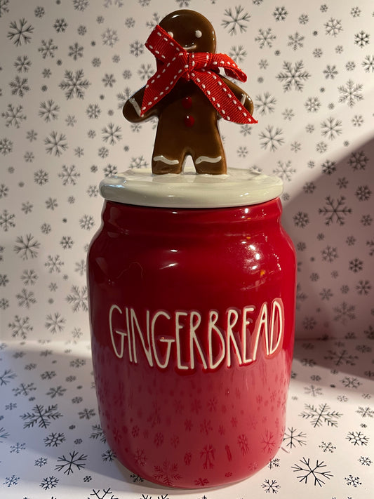 Rae Dunn Gingerbread Red Canister with White Lettering and GingerBread Top Lid