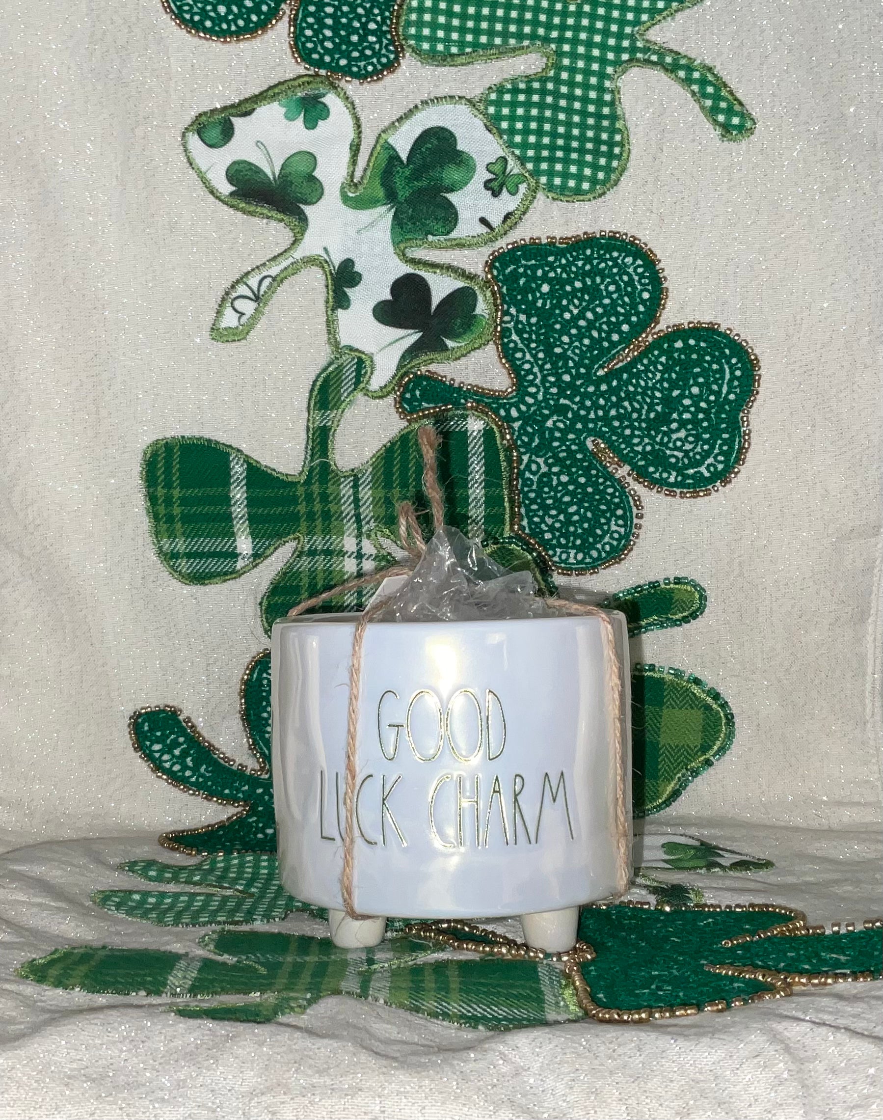 Rae Dunn Good Luck Charm Iridescent Flower Pot with Green Lettering