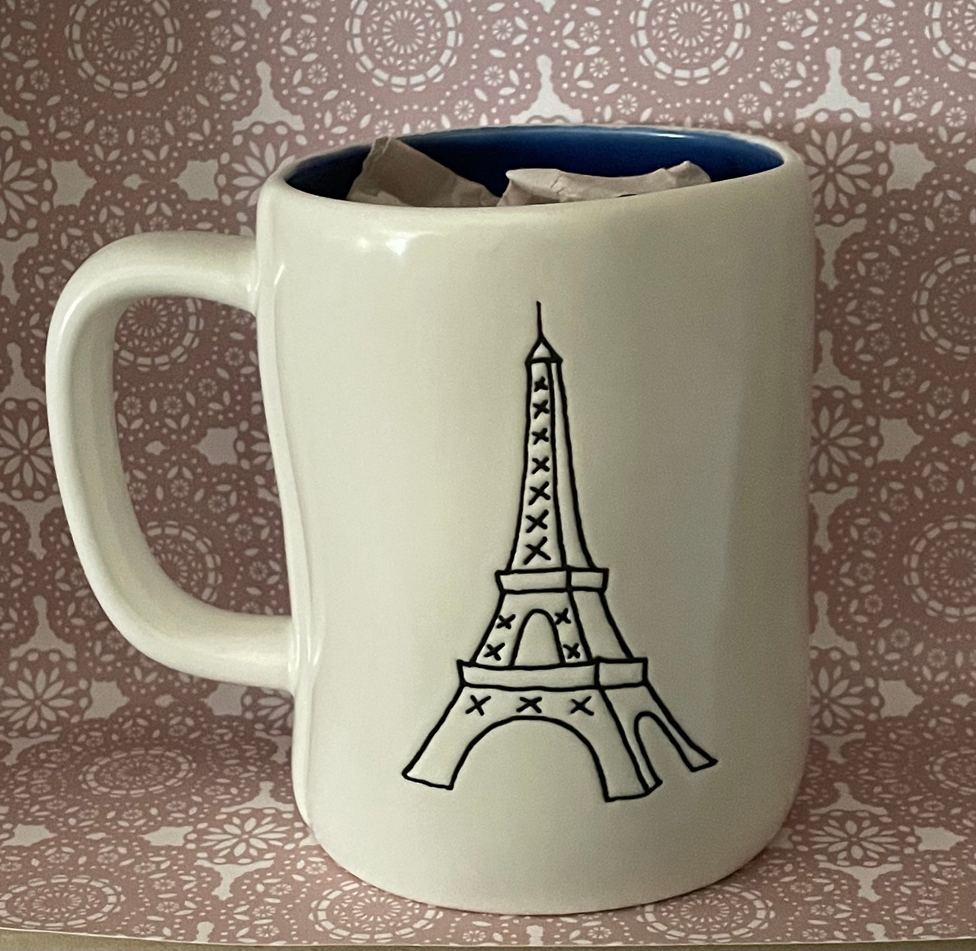 Rae Dunn France Mug White with Blue inside and Eiffel Tower on back