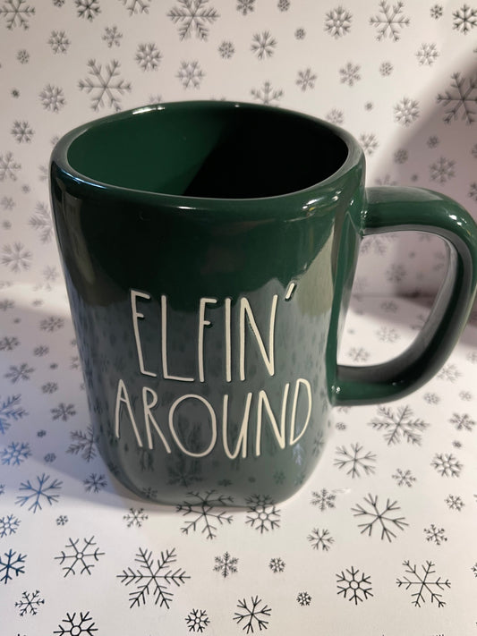 Rae Dunn Elfin Around Green Cup with White Lettering