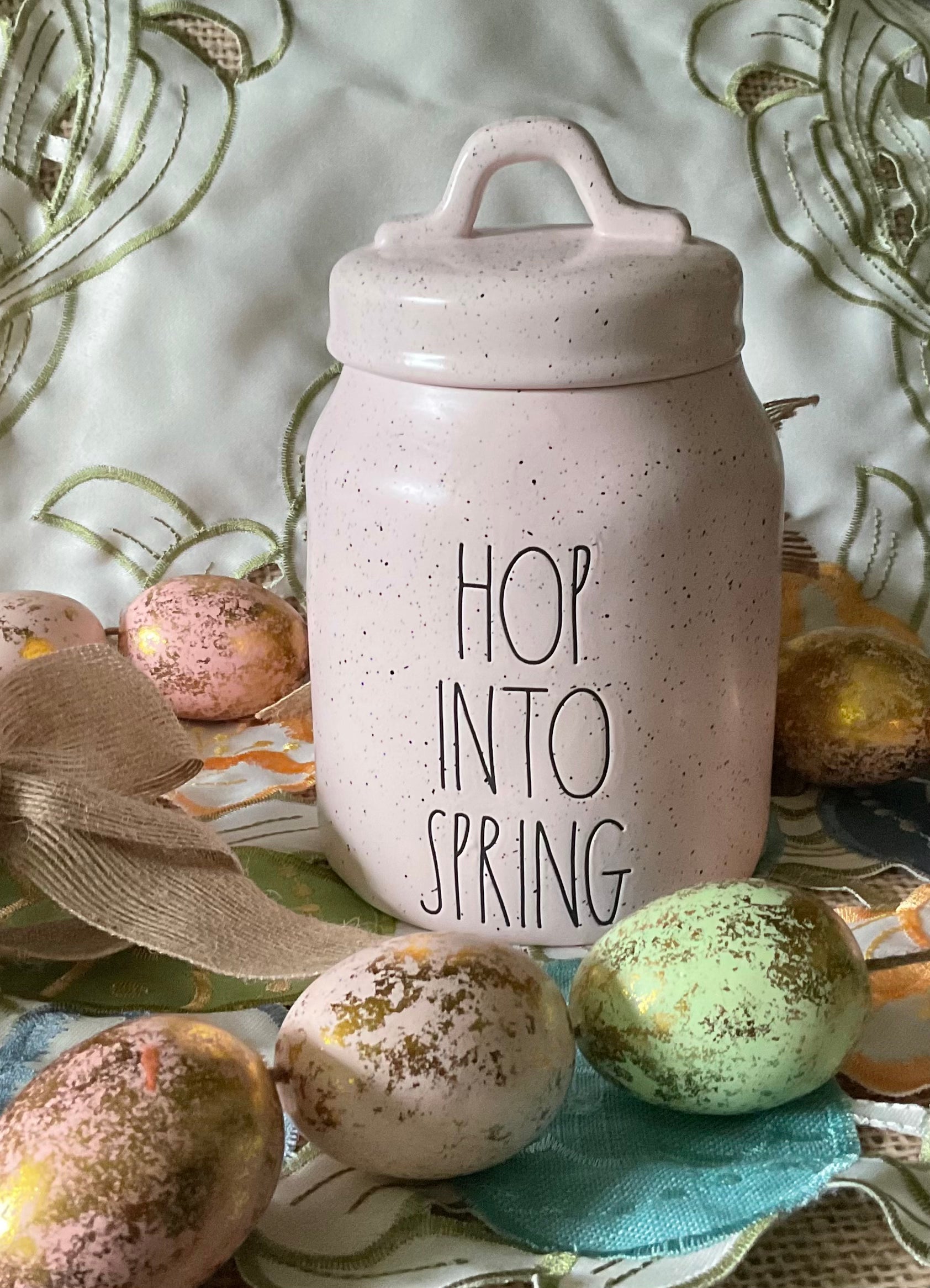 Rae Dunn Hop Into Spring Small pink speckled canister