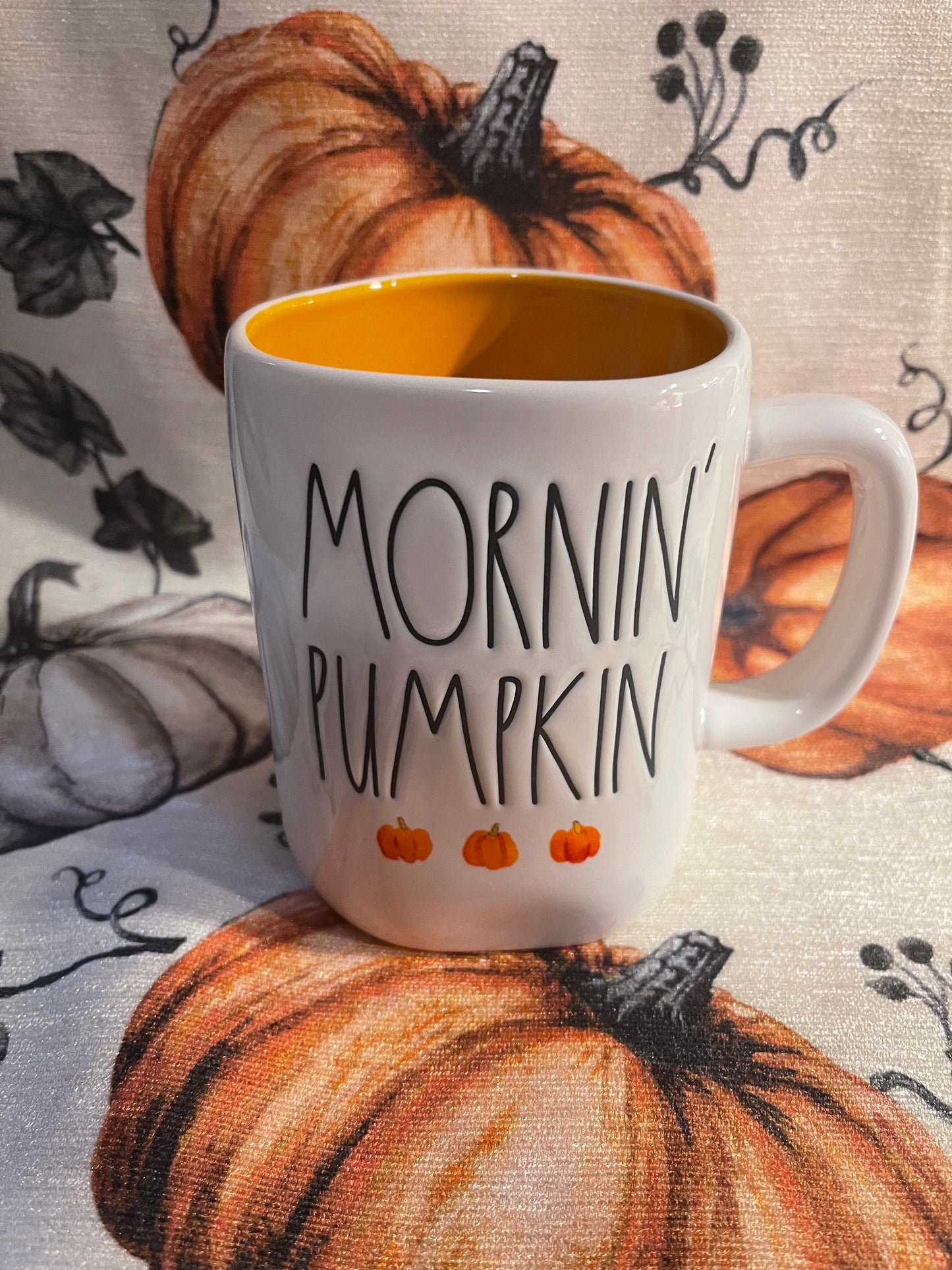 Rae Dunn Mornin' Pumpkin Orange Inside with Black Lettering and Pumpkin Images 