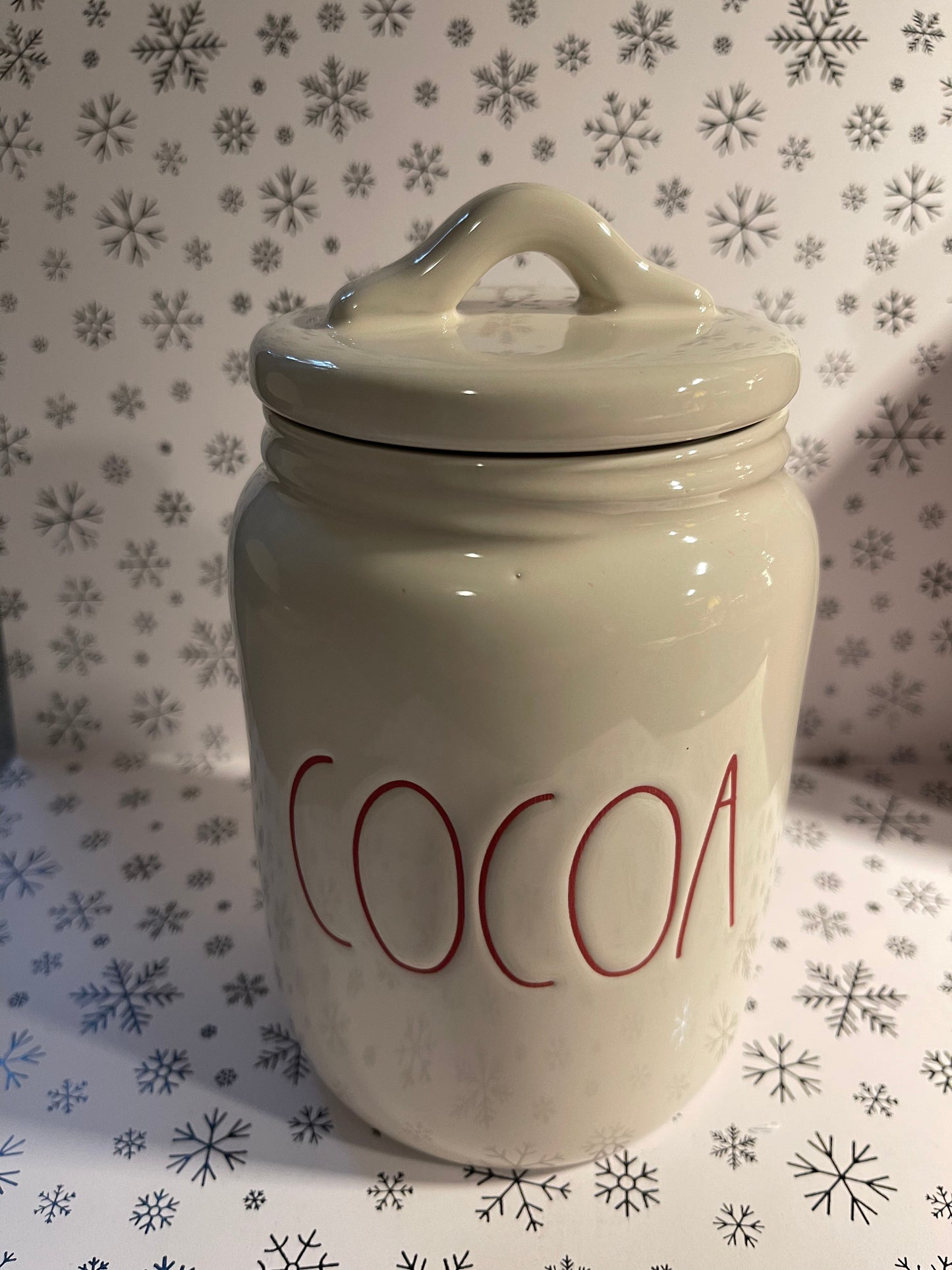 Rae Dunn Cocoa Canister White with Red Lettering