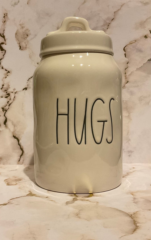 Rae Dunn Hugs White Canister with Black Lettering