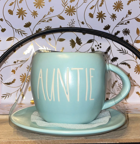 Rae Dunn Auntie Blue Cup and Saucer with White Lettering