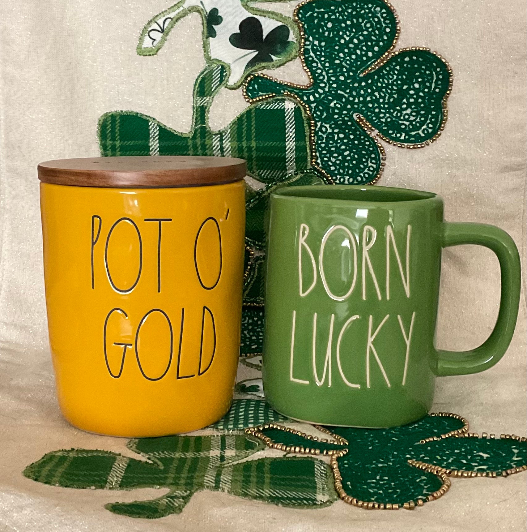 Rae Dunn Born Lucky Green Mug and Gold Pot O Gold Canister Set 