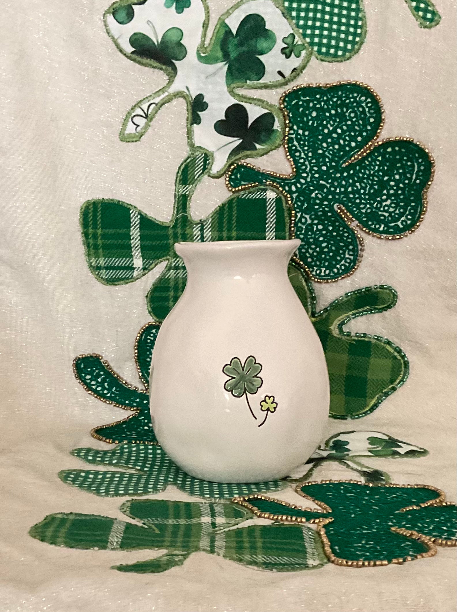 Rae Dunn Lucky Flower Vase with Green Lettering and Green Shamrocks on Back