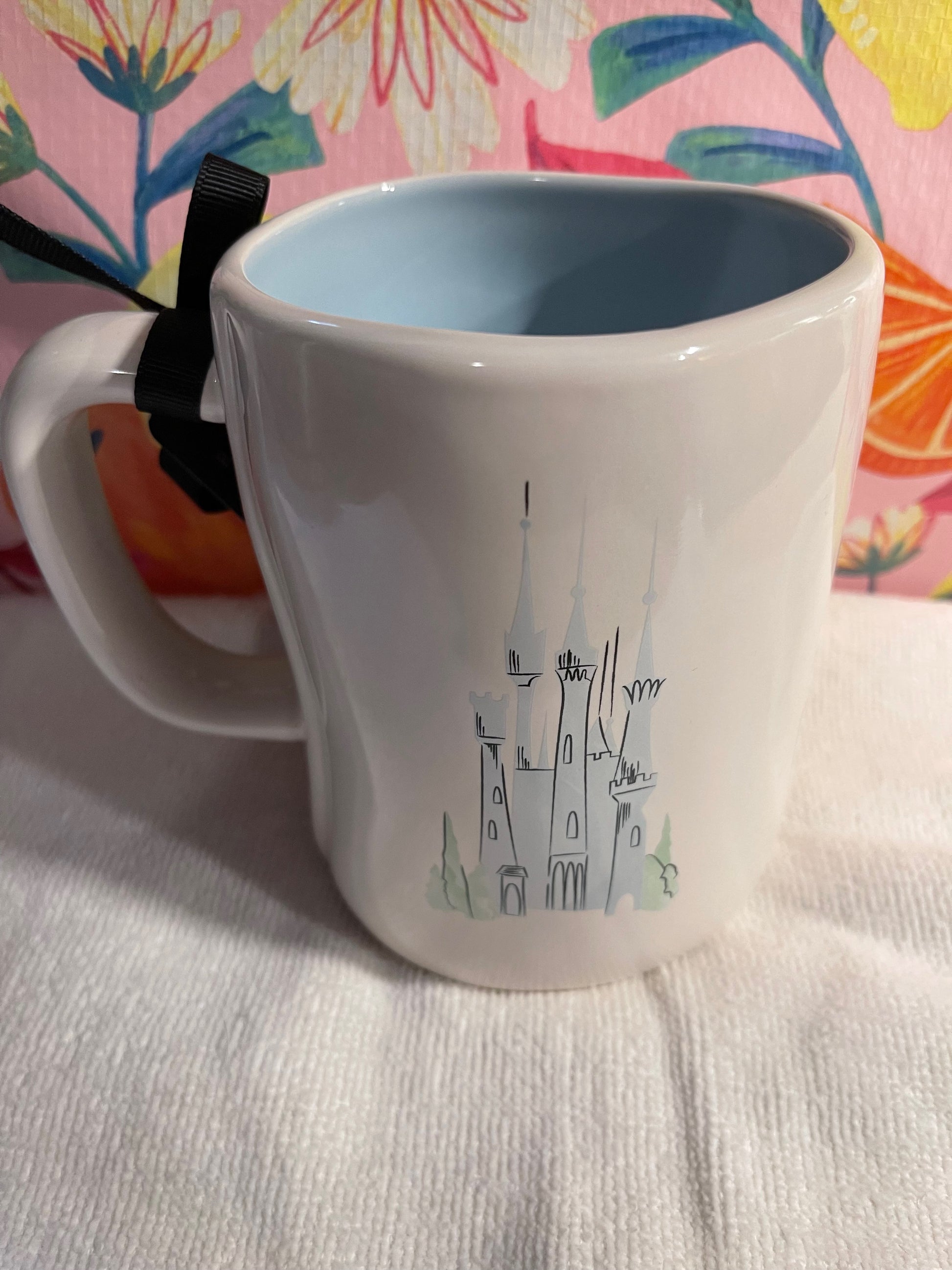 Rae Dunn Disney A Dream Come True White Cup with Blue Inside and Image of Castle on Back