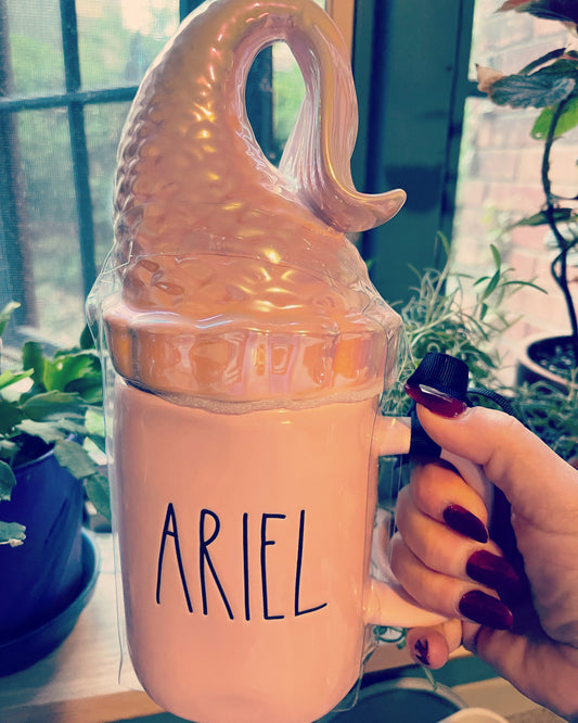 Rae Dunn Ariel Iridescent Pink Mermaid Tail Topper Mug with Ariel in Black Lettering and Disney Ariel Image on back