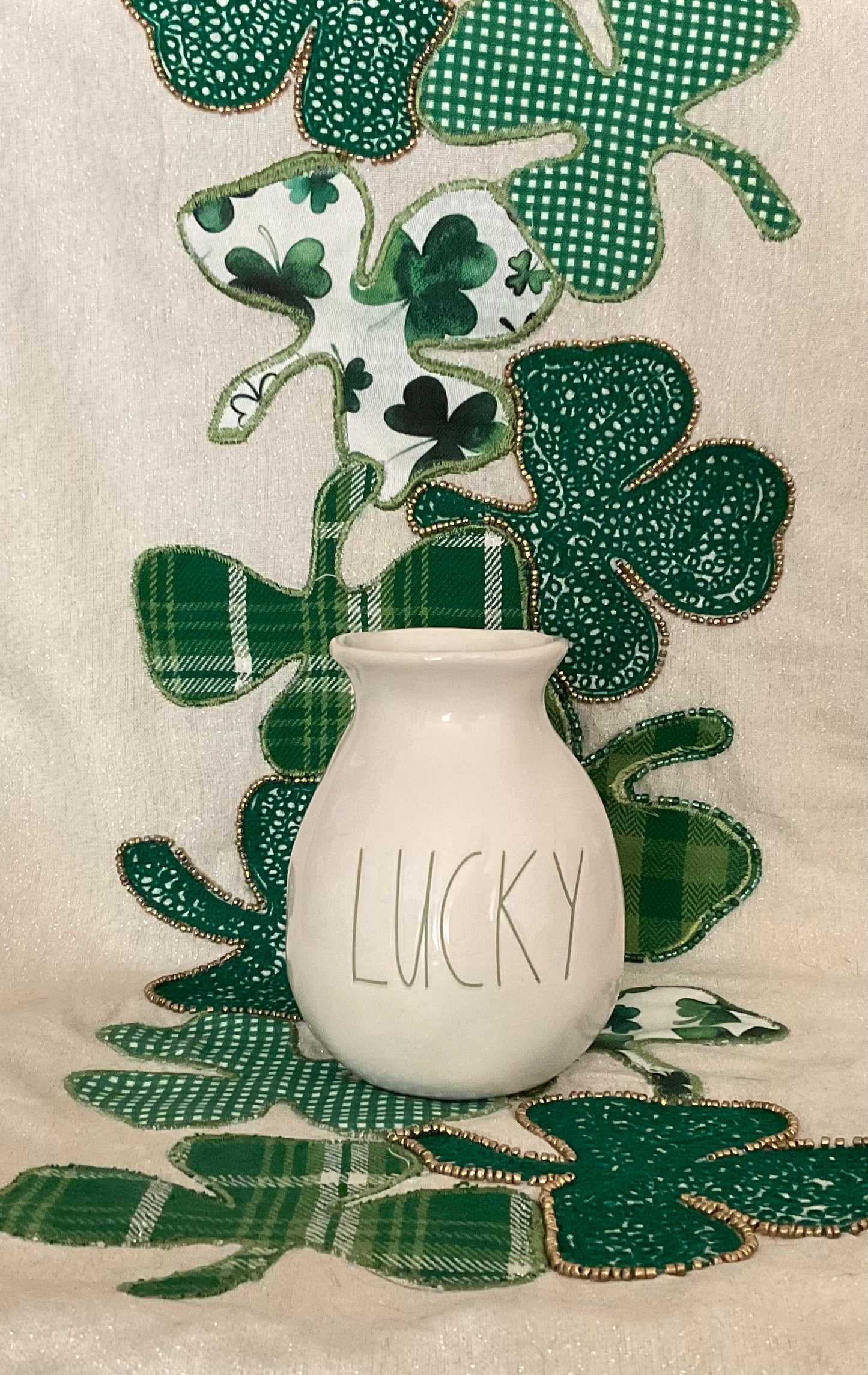 Rae Dunn Lucky Flower Vase with Green Lettering and Green Shamrocks on Back