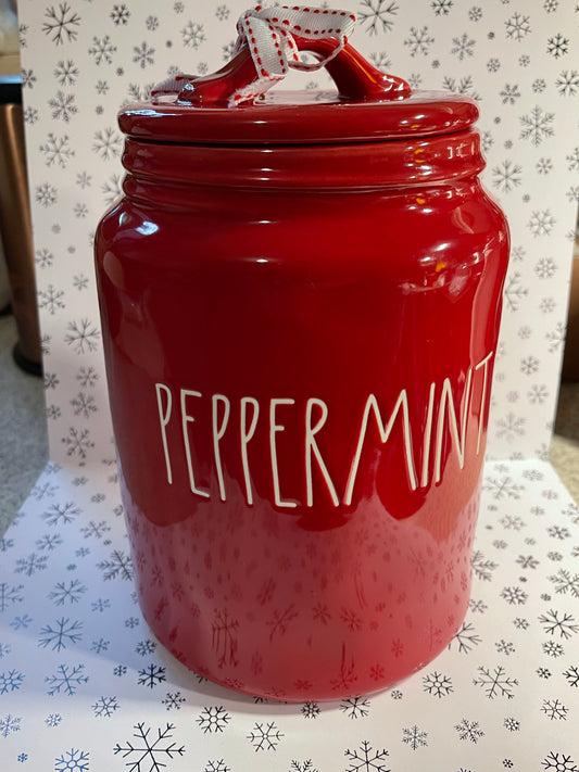 Rae Dunn Peppermint Red Canister with White Lettering