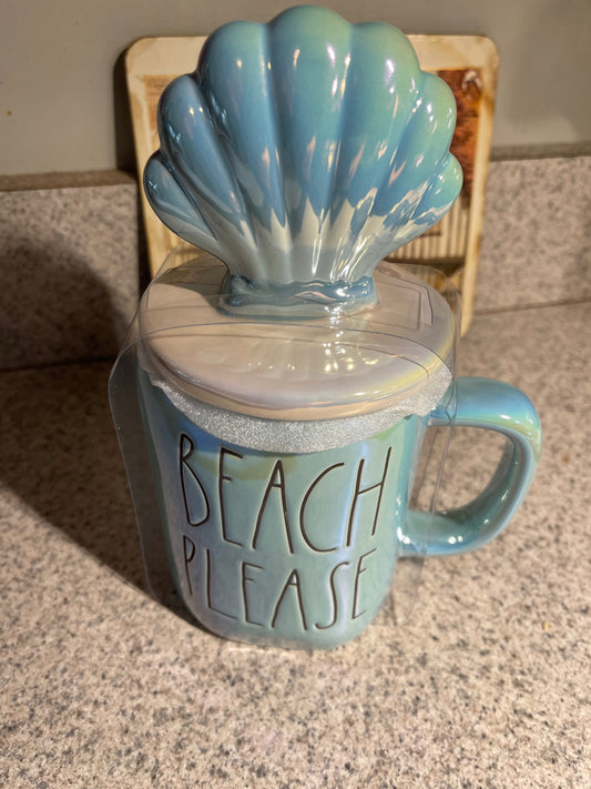 Rae Dunn Beach Please Blue Iridescent Mug with Shell Topper