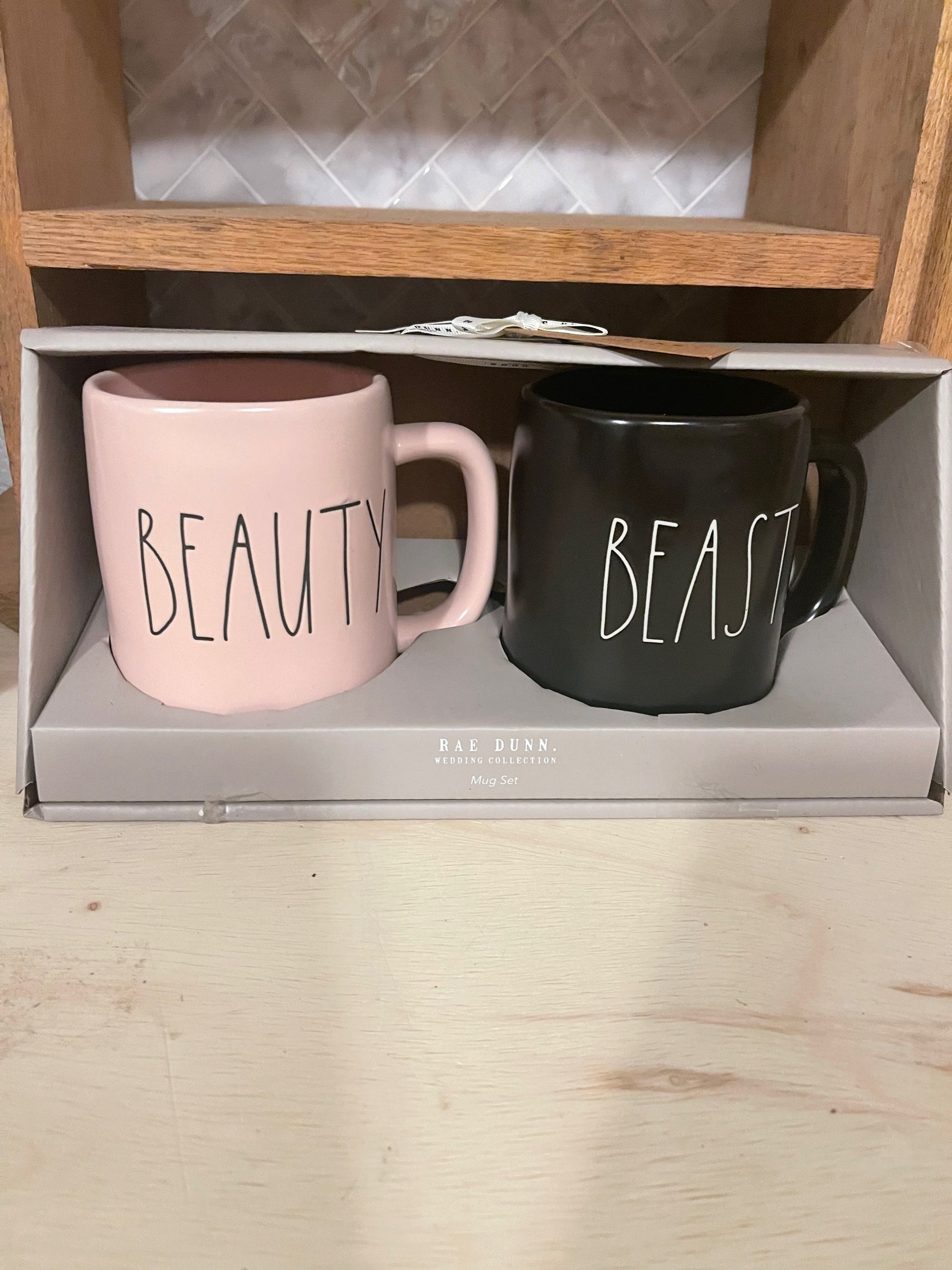 Rae Dunn Beauty and Beast Set Pink with Black Lettering and Black with White Lettering