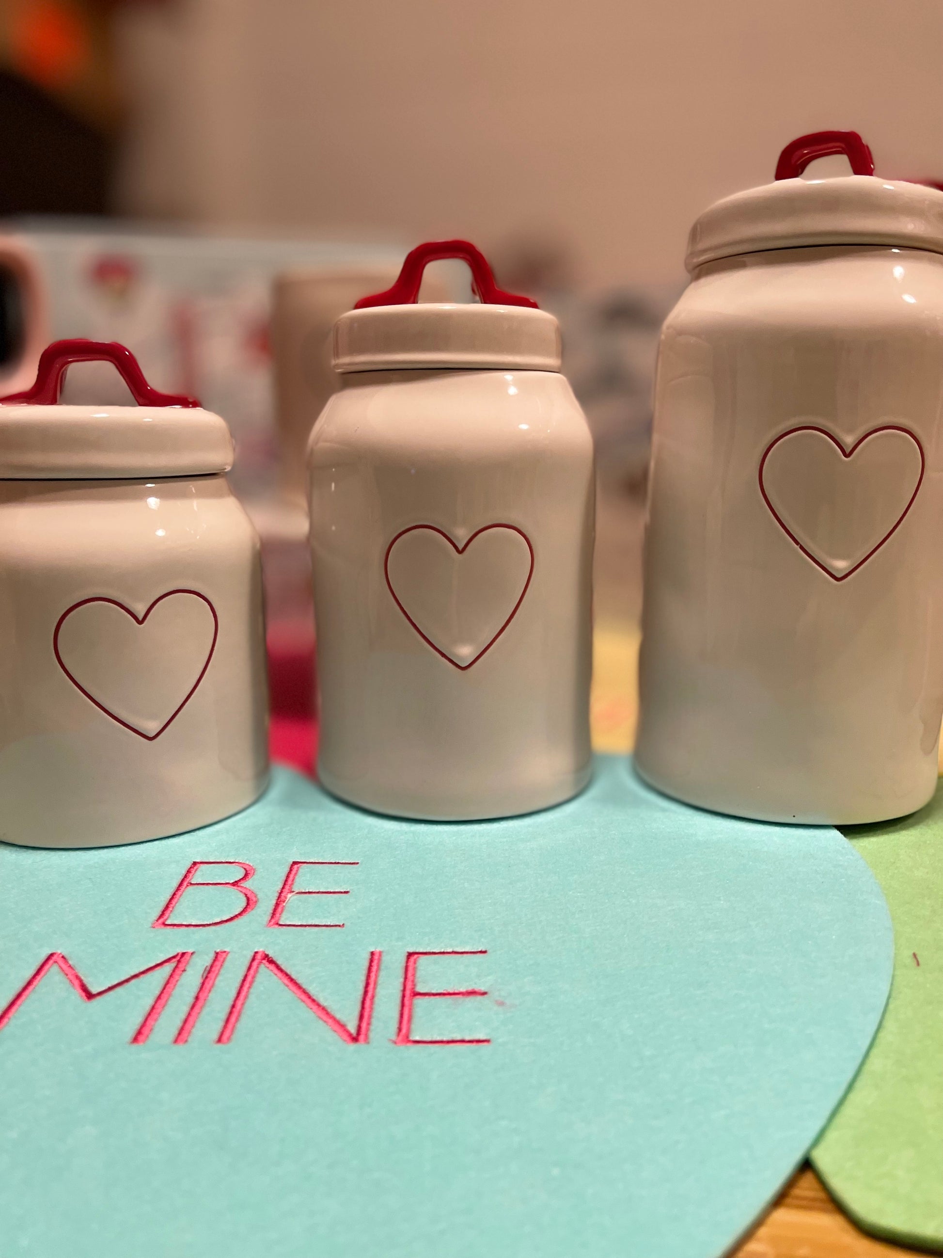 Rae Dunn Medium Red Heart Canister With Red Handle and Red Heart Outline on Front