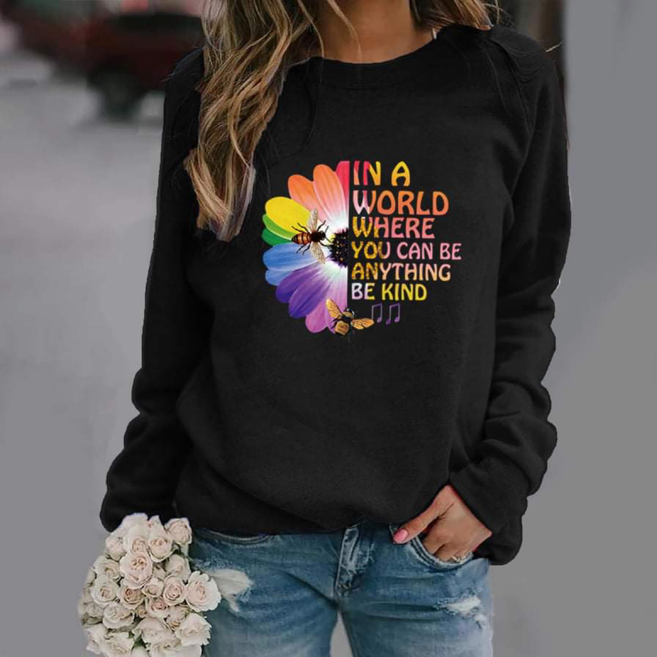 Women's In a World Where You Can Be Anything Be Kind Crew Neck Sweat Shirt