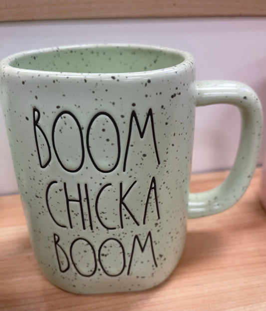 Rae Dunn Boom Chicka Boom, Green Speckled Mug with Black Lettering