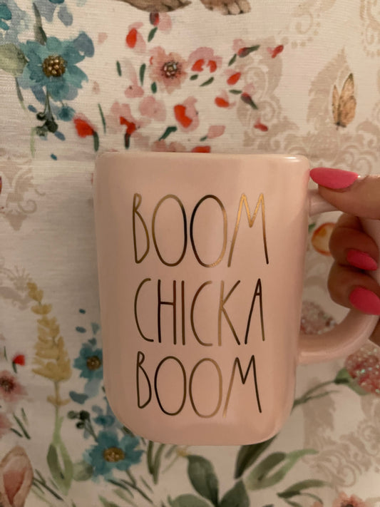 Rae Dunn Boom Chicka Boom Pink with Gold Lettering