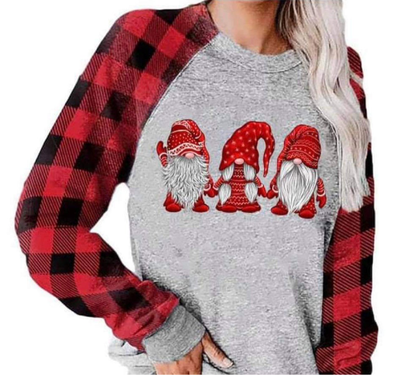 Christmas Gnome Shirts Women Plaid Splicing Tshirt Holiday Baseball Tops 