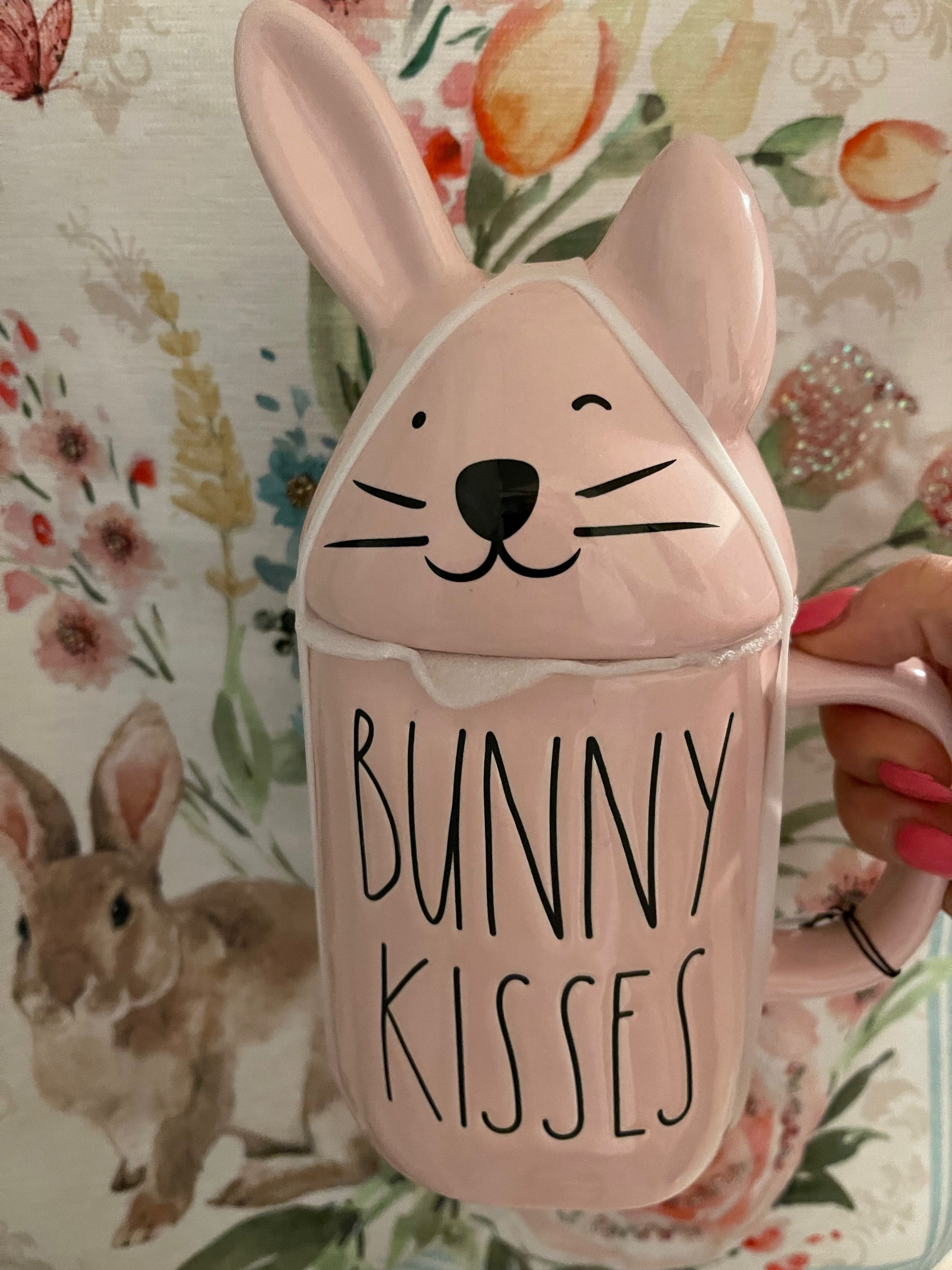 Rae Dunn Bunny Kisses Pink with Bunny Face Topper 