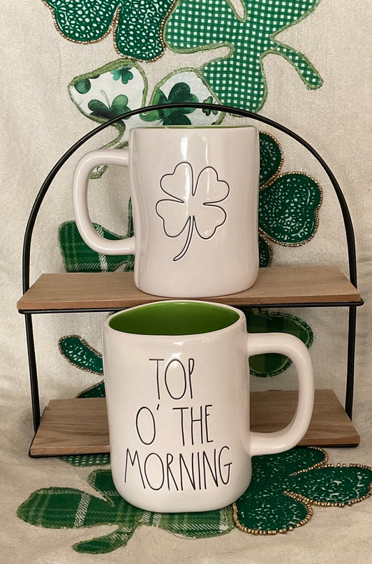 Rae Dunn Top O' The Morning black letters with green inside mug