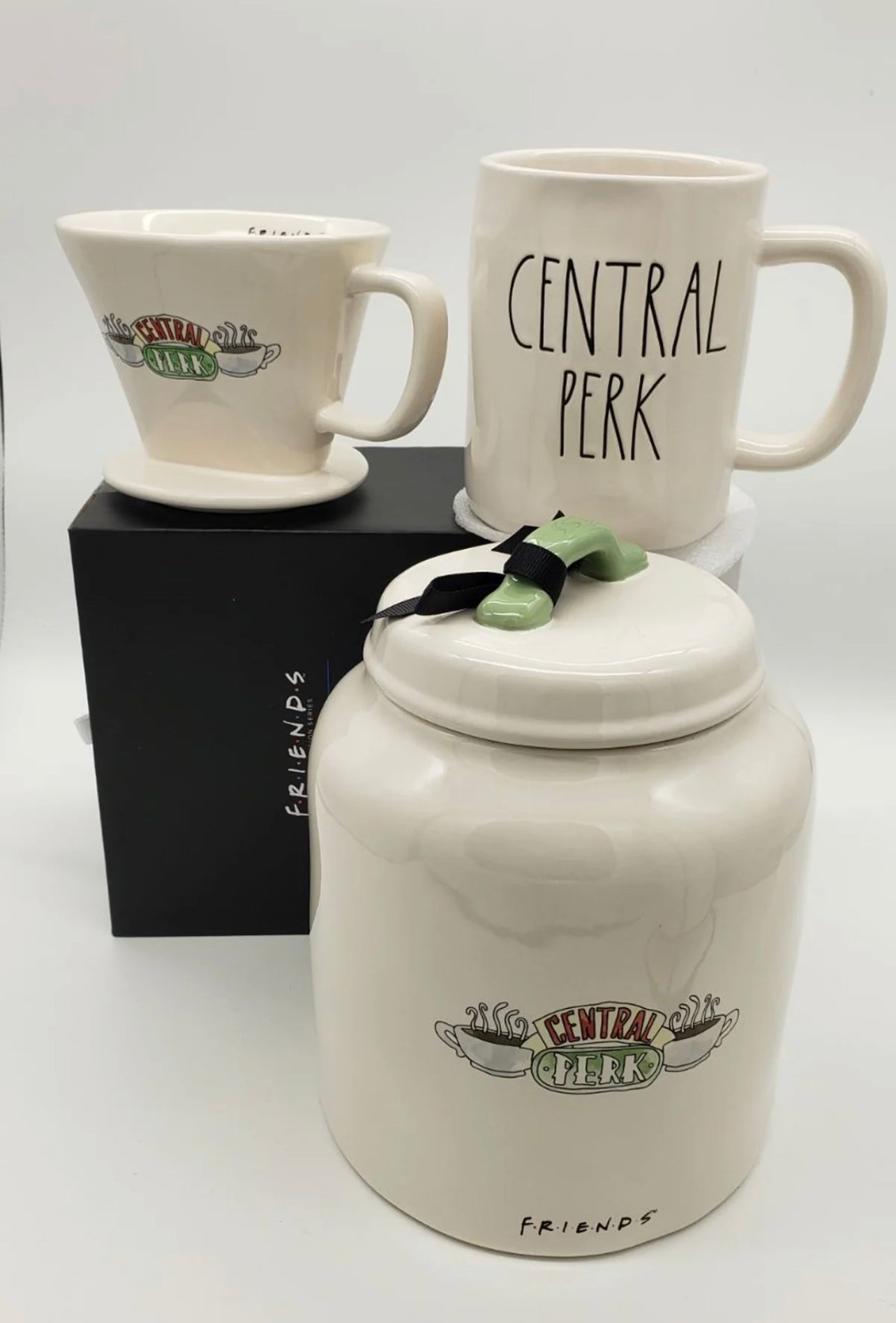 Rae Dunn Friends Central Perks White Ceramic Coffee Canister with Black Lettering and Friends Logo on back