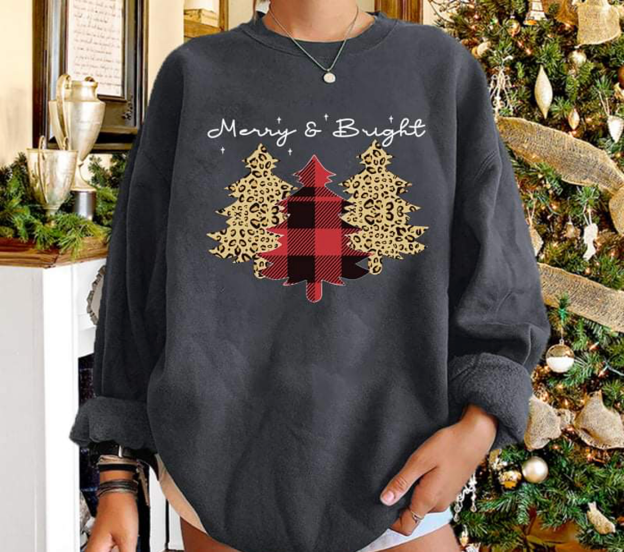 Merry And Bright Sweatshirt, Leopard Print Christmas Trees Shirt