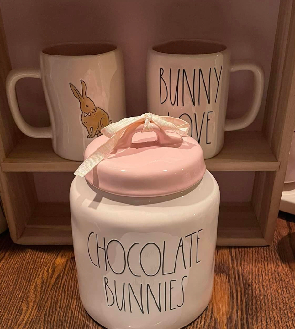 Rae Dunn Chocolate Bunnies White Cookie Jar with Pink Lid