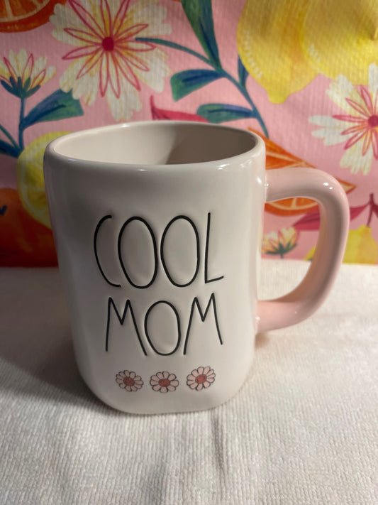 Rae Dunn Cool Mom with Pink Handle and Flowers under Black Lettering