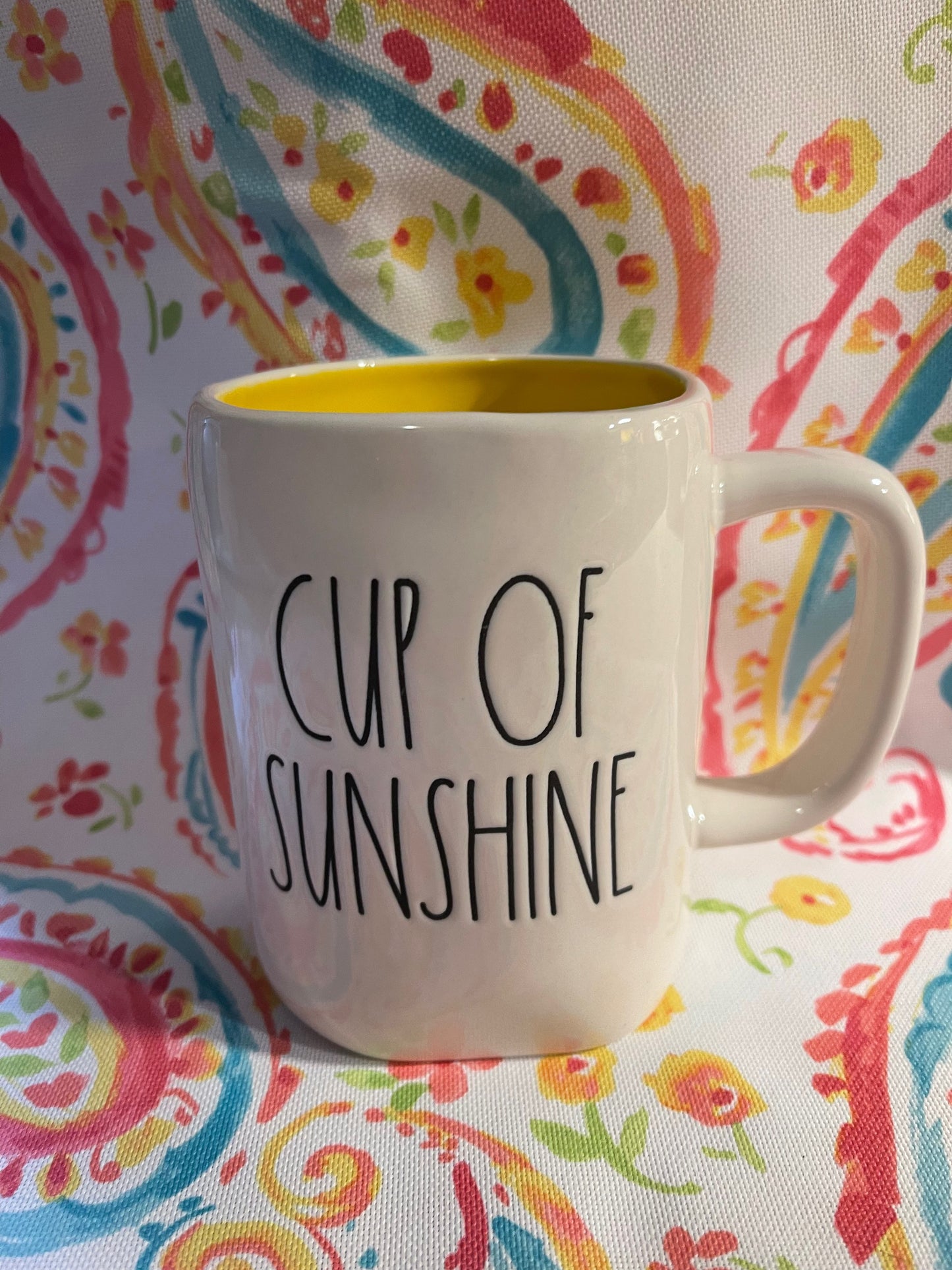 Rae Dunn Cup of Sunshine White Cup with Black Lettering Yellow inside