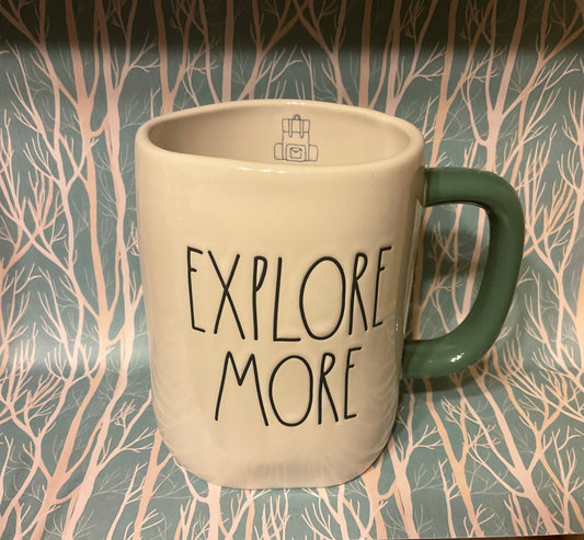 Rae Dunn Explore More White Mug with Green Handle