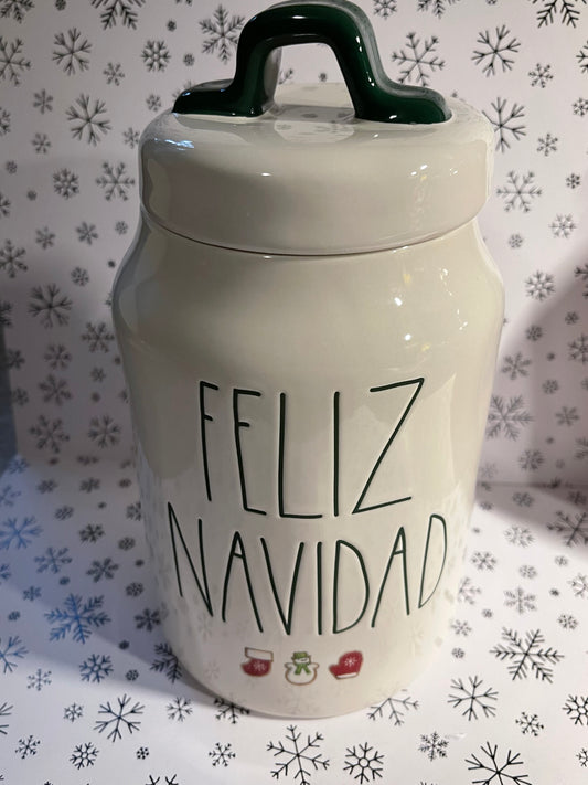 Rae Dunn Feliz Navidad White with Green Lettering Canister