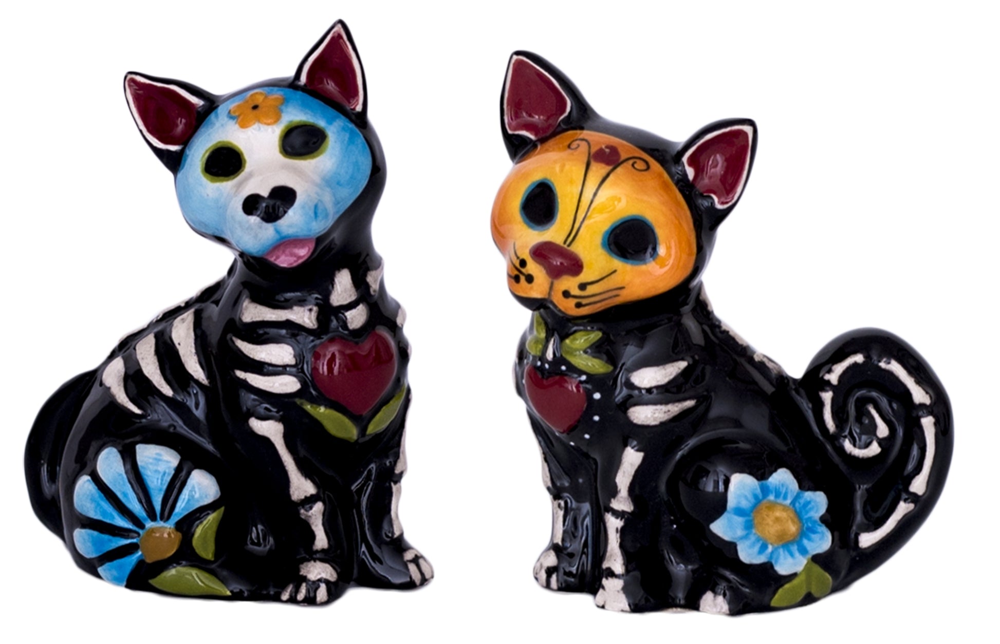 Blue Sky Dog Day of Dead Salt and Pepper Set Black Skeleton with Color Accents