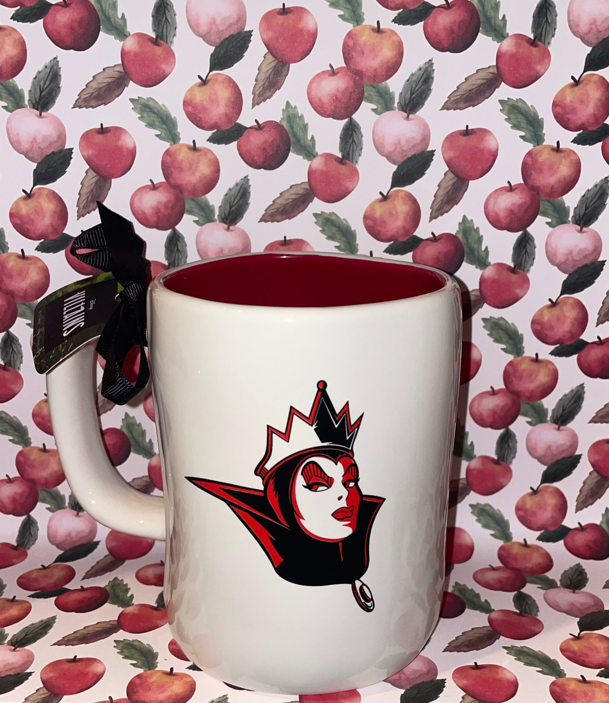 Rae Dunn Disney Evil Queen White with Red Inside Black Lettering and Image of Evil Queen on the Back